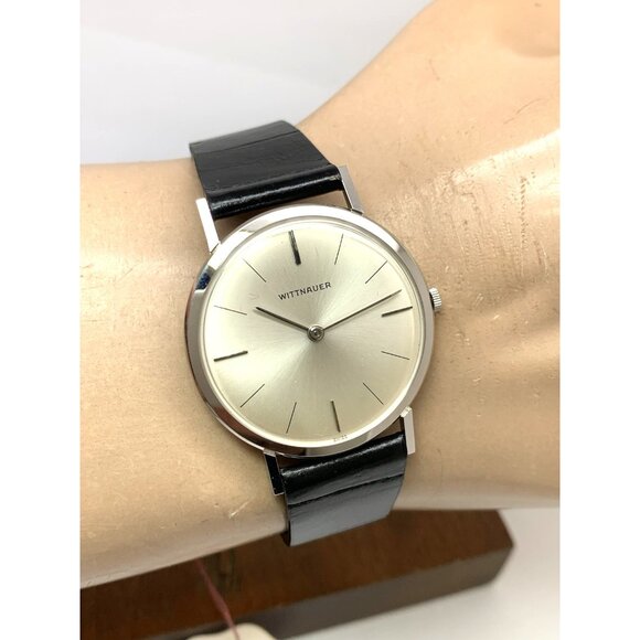 Wittnauer Men's Watch Vintage Swiss Hand Wind Thin 33mm Black Leather Band - Picture 13 of 16